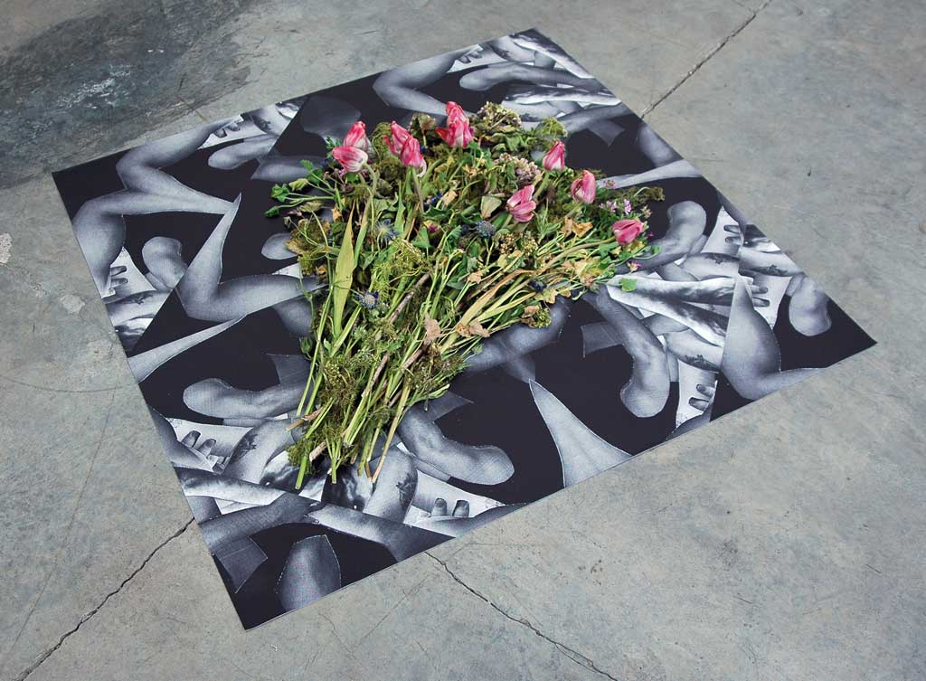 Deric Carner, 'If I Die, vinyl print and flowers', 48" x 48", 2014. Image courtesy the artist.