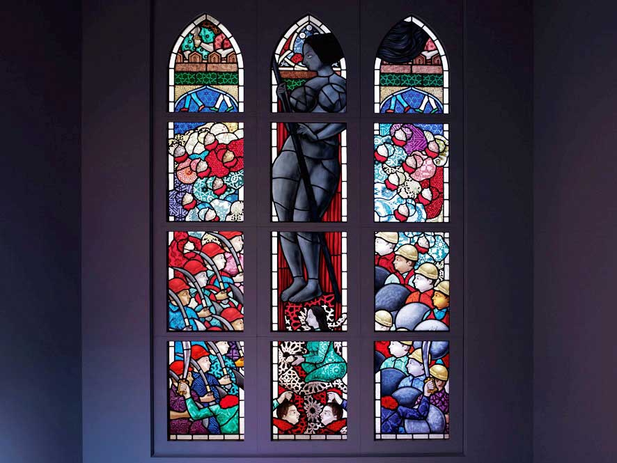 Hamra Abbas, 'Woman in Black', 2011, stained-glass window, a set of three panels, 256 x 152 cm, 100 3/4 x 59 7/8 in each. Image courtesy Lawrie Shabibi , Dubai.