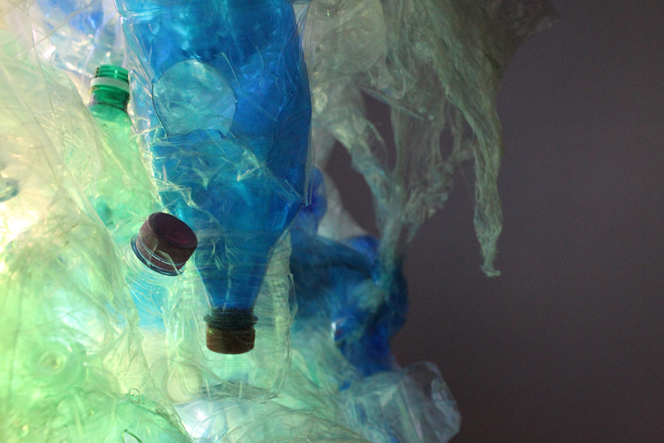 Aaditi Joshi, 'Untitled' (detail), 2013, used plastic PET bottles, found aluminum stand, LED light, 96 x 65 in (approx.). Site-speciﬁc installation from the show "People Without Memory is a People Without Future" at Casa Masaccio, Italy. Image courtesy the artist.