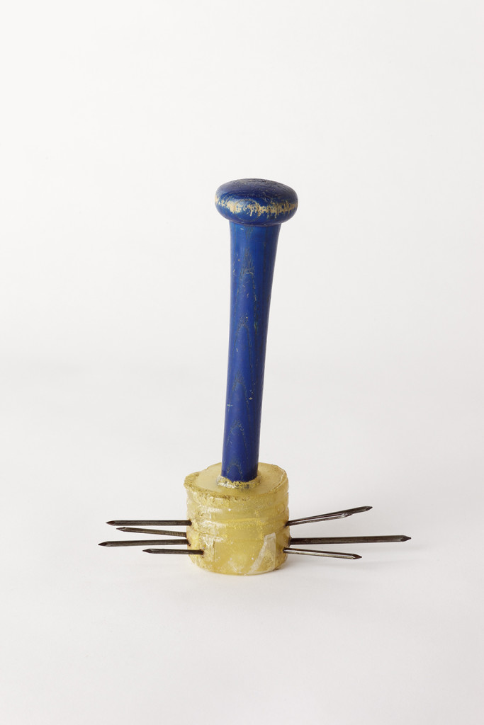 Harry Dodge, 'Emergency Weapon #13 (blue bat with nails)', 2002, wooden bat handle, urethane resin, nails. Image courtesy the artist and The Approach, London.