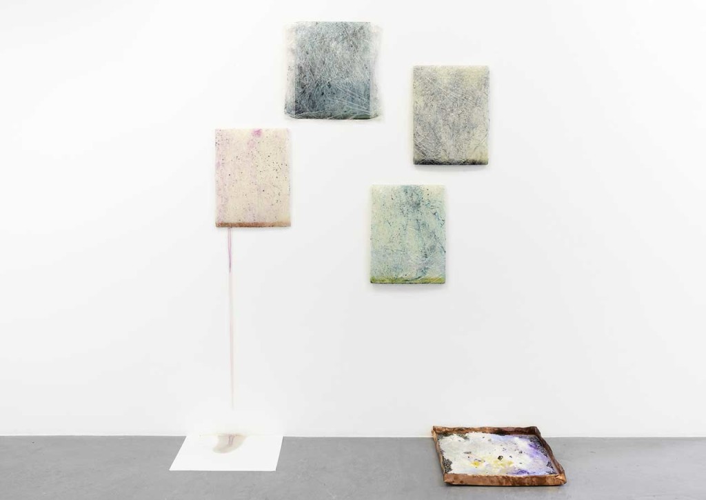 David Prytz, "Literal", installation view. Wall: 'Dumb Alchemy', 2014, paper, pigments, plastic foil, 40 x 40 cm and 30 x 40 cm. Ground: 'Dumb Alchemy', 2014, copper, pigments, soil, zinc, acrylic, brass, aluminium, marble, hot glue, plaster, stones, 43 x 43 cm. Photo: Roberto Apa. Image courtesy Galleria Mario Iannelli.